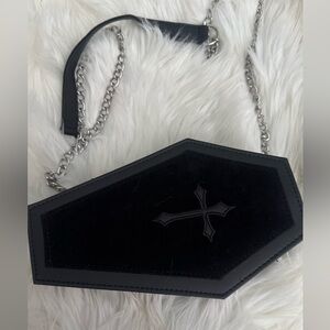 Spirit Black Shoulder Velvet Coffin Bag with Red Interior and Silver Hardware